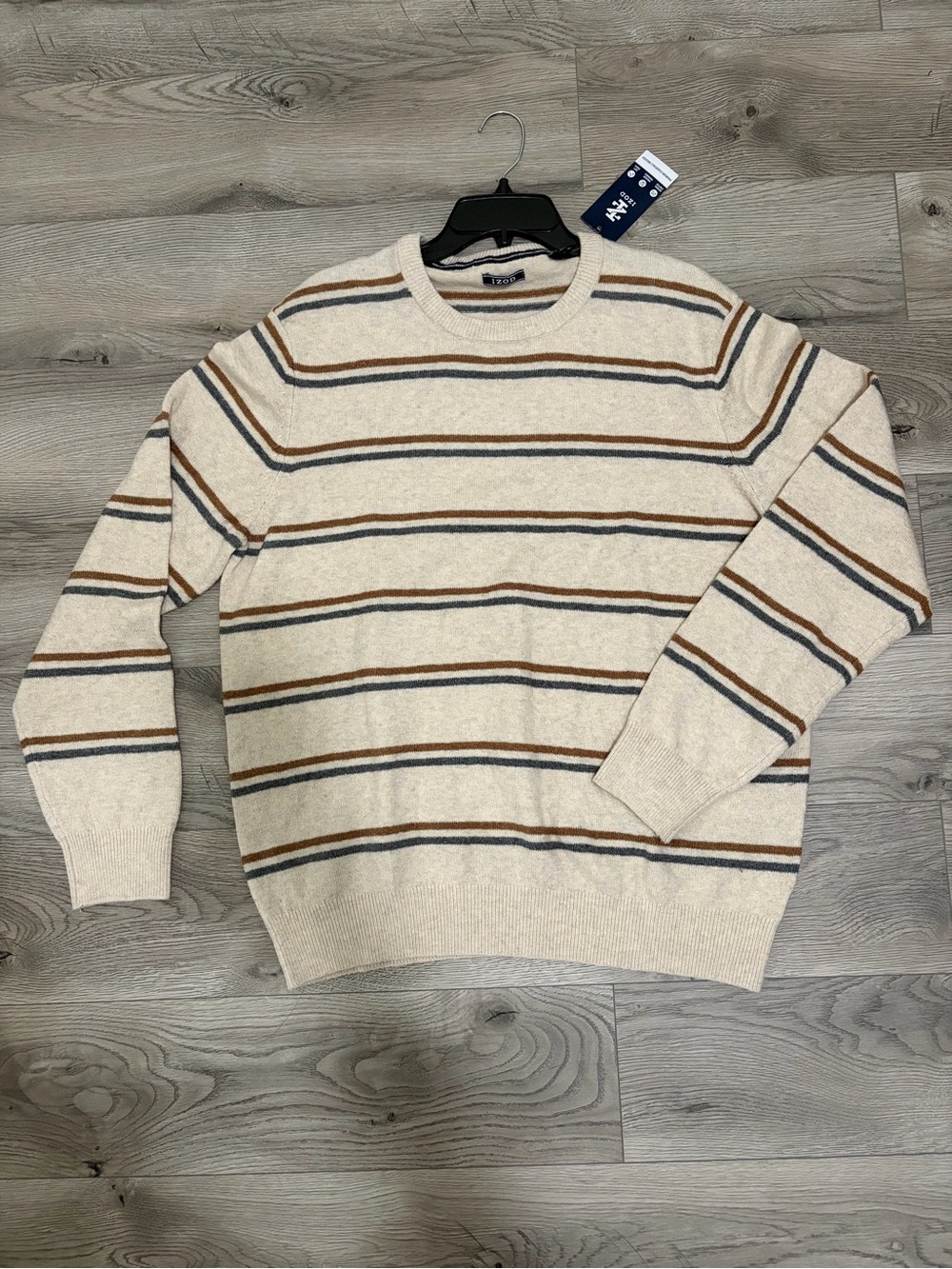 Izod Cream Crewneck Sweater with Brown and Gray Stripes
